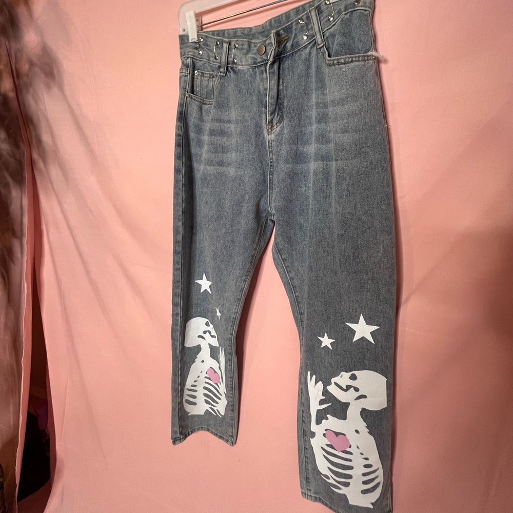 Skeleton Heart Stars Baggy Jeans Size L